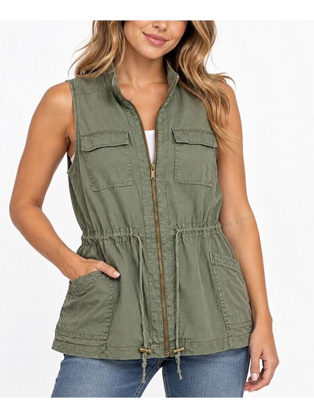 Ellen Tracy 100% Linen Utility Vest Olive Gray Zip Front Cargo Pockets XL